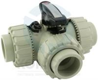 Кран трехходовой PP-H L-порт муфтовый 020, PTFE-FPM, PN10, FIP